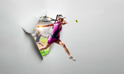 Paper torn hole effect with female tennis player. Mixed media