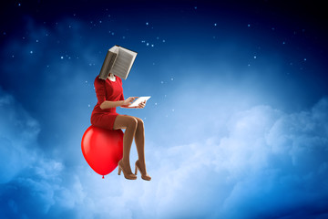 Book headed woman. Business efficiency concept. Mixed media
