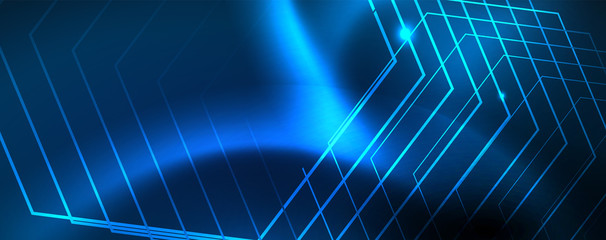 Neon glowing techno lines, hi-tech futuristic abstract background template, vector