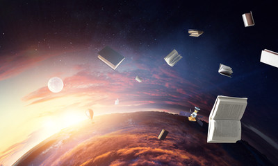 Planet orbit with satellite and flying books.