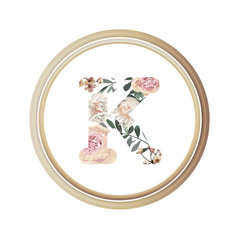 Floral alphabet K of romance greeting card and flower and leaf vector with circle wooden flame.