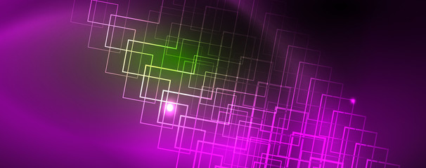 Techno glowing background, futuristic dark template with neon light effects and simple forms, vector