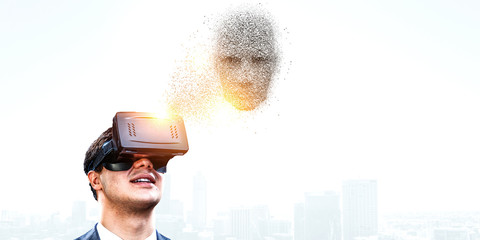 Digital head, artificial intelligence and virtual reality. Mixed media