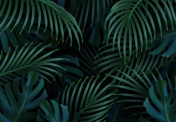 Branch palm realistic. Leaves and branches of palm trees. Tropical leaf background. Green foliage, tropic leaves pattern. vector illustration - obrazy, fototapety, plakaty