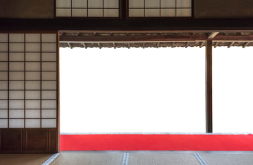 Traditional Japanese wooden and rice paper door and tatami mat floor. Oriental background