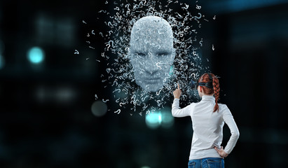 Digital head, artificial intelligence and virtual reality. Mixed media