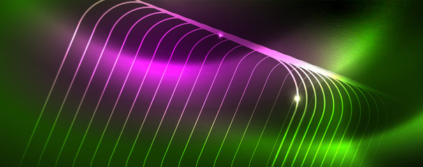 Techno glowing background, futuristic dark template with neon light effects and simple forms, vector