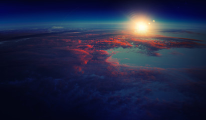 Sunrise on planet orbit, space beauty