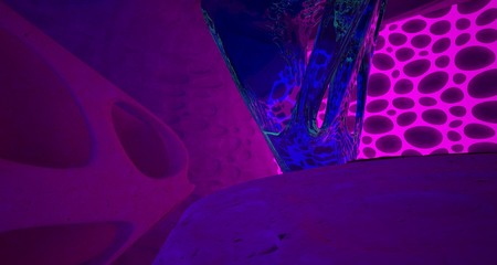 Abstract  Concrete Futuristic Sci-Fi interior With Pink And Violet Glowing Neon Tubes . 3D illustration and rendering.