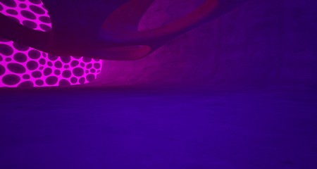 Fototapeta na wymiar Abstract Concrete Futuristic Sci-Fi interior With Pink And Violet Glowing Neon Tubes . 3D illustration and rendering.