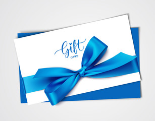 Decorative white gift card design template with blue bow and ribbon. Vector illustration