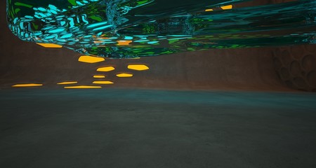 Abstract  Concrete Futuristic Sci-Fi interior With Orange And Blue Glowing Neon Tubes . 3D illustration and rendering.