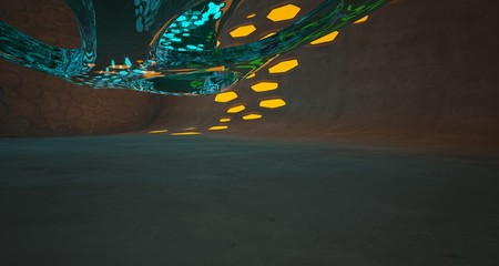 Abstract  Concrete Futuristic Sci-Fi interior With Orange And Blue Glowing Neon Tubes . 3D illustration and rendering.