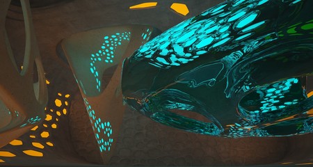 Abstract  Concrete Futuristic Sci-Fi interior With Orange And Blue Glowing Neon Tubes . 3D illustration and rendering.