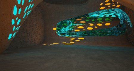 Abstract  Concrete Futuristic Sci-Fi interior With Orange And Blue Glowing Neon Tubes . 3D illustration and rendering.