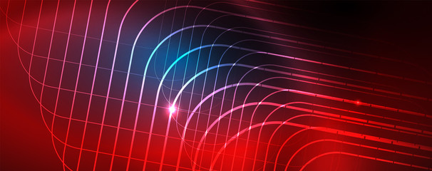 Neon glowing techno lines, hi-tech futuristic abstract background template, vector
