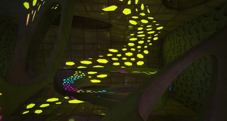 Abstract  Concrete Futuristic Sci-Fi interior With Gradient Colored Glowing Neon Tubes . 3D illustration and rendering.