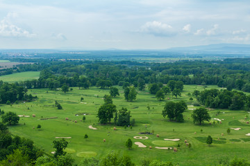 Aerial view to golf course with sky in Hluboka nad Vltavou, Czech republic