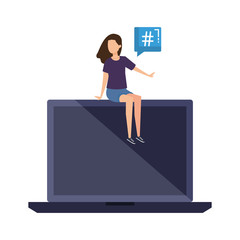 woman seated in laptop with speech bubble