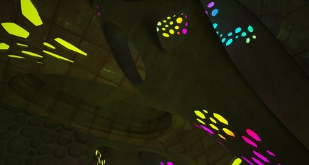 Abstract  Concrete Futuristic Sci-Fi interior With Gradient Colored Glowing Neon Tubes . 3D illustration and rendering.
