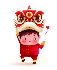 ฺBoy and lion dance head. Children personality in red cheongsam dress. Cute traditional. Chinese New Year.  Cartoon vector illustration isolated on a white background.