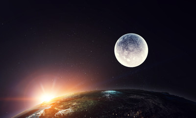 Moon and Earth planet, view from space