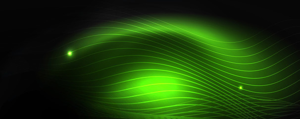 Smoky glowing waves in the dark. Dark abstract background with neon color light and wavy lines. Vector