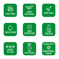 CBD oil icons set including THC free, 100% natural, non GMO, 100% pure, GMP certified, lab tested,  made in USA, no pesticides, made with industrial hemp - Vector 