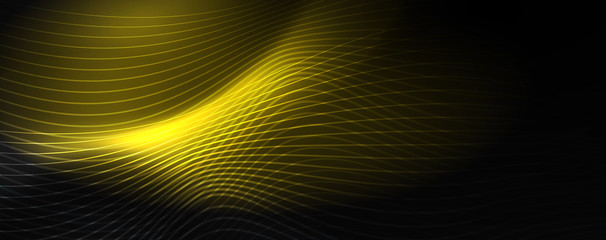 Smoky glowing waves in the dark. Dark abstract background with neon color light and wavy lines. Vector