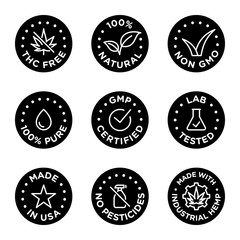 CBD oil icons set including THC free, 100% natural, non GMO, 100% pure, GMP certified, lab tested,  made in USA, no pesticides, made with industrial hemp - Vector 