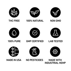 CBD oil icons set including THC free, 100% natural, non GMO, 100% pure, GMP certified, lab tested,  made in USA, no pesticides, made with industrial hemp - Vector 