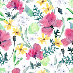 Watercolor seamless pattern with poppy, calendula, leaves, greenery. Wildflowers meadow.