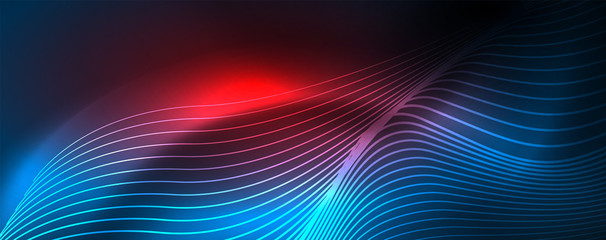 Smooth wave lines on blue neon color light background. Glowing abstract wave on dark, shiny motion, magic space light