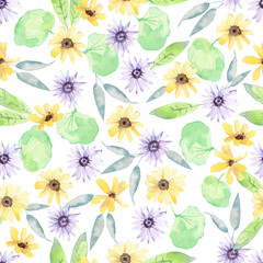 Watercolor seamless pattern with daisies, calendula, leaves and greenery. Wildflowers meadow