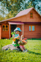 Child girl 3 years old sitting on a stone against a wooden house with a large basket full of vegetables grown in his ecological garden.