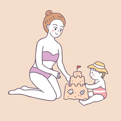 Cartoon cute summer mom and baby playing sand vector.