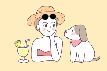 Cartoon cute summer woman and dog vector.