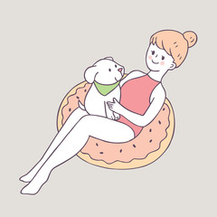 Cartoon cute summer woman and dog vector.