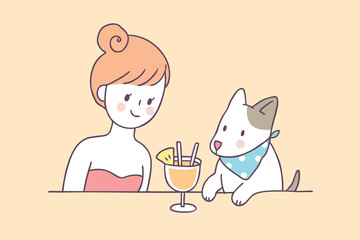 Cartoon cute summer woman and dog vector.