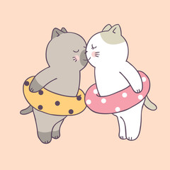 Cartoon cute summer couple cats kissing vector.
