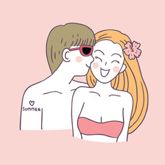Cartoon cute summer couple kiss vector.