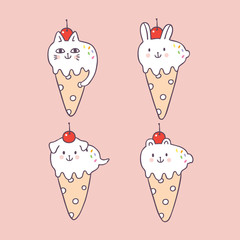 Cartoon cute summer animals ice cream vector.