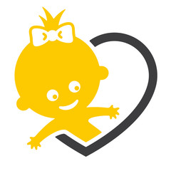 Vector sign hearts with waving girl. Isolated on white background