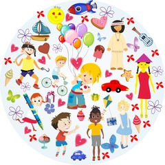  composition with happy, cheerful children and their toys and sweets