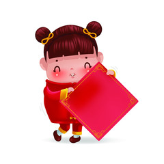 Obraz na płótnie Canvas Chinese children holding a badge. little girl personality in red cheongsam dress. Empty red square paper. Decorated with chinese gold-colored patterns. Cute traditional. Chinese New Year.