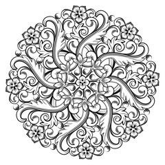 Beautiful round ornamental element for design in black and white colors. Vector illustration.
