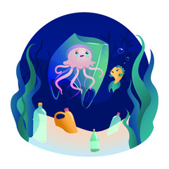Fish swims among plastic ocean pollution. Concept of zero waste. Ecological poster with jellyfish under block of plastic bag. Vector cute illustration.