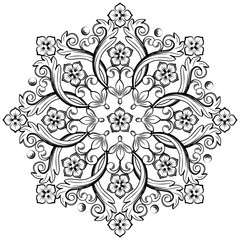 Beautiful round ornamental element for design in black and white colors. Vector illustration