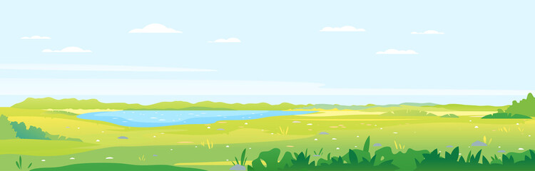 Green grass field with plants and lake in valley, summer walk in the nature, fields background in summer day with green grass, summer sunny glades illustration