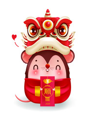 Lion head and holding angp. Zodiac mice of Animal lucks year 2020 of the rat.  Red envelope. Decorated with chinese gold-colored patterns. Cute traditional. Chinese New Year. Translation: Succeed.